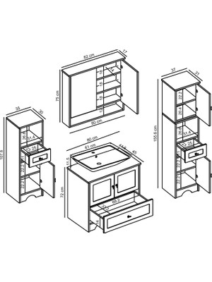 Roomart Lavabolu Mat Beyaz Mdf 80 cm Çekmeceli Banyo Dolabı + Aynalı Üst Dolabı + 2 Adet Boy Dolabı