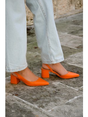 Laminta Tulip Turuncu Arkası Açık Kadın Topuklu Ayakkabı