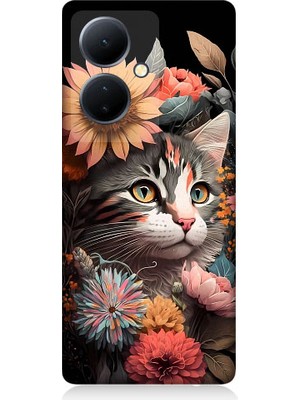 Teknomeg Vivo V29 Lite Uyumlu Çiçekler ve Kül Gri Kedi Desenli Silikon Kılıf