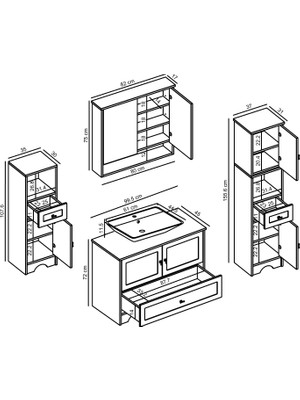 Roomart Lavabolu Mat Beyaz Mdf 100 cm Çekmeceli Banyo Dolabı + Aynalı Üst Dolabı + 2 Adet Boy Dolabı