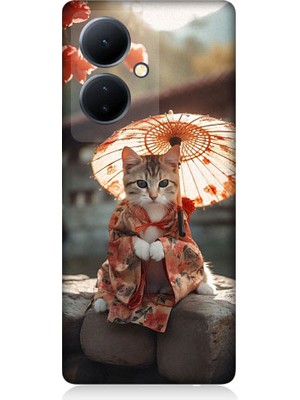 Teknomeg Vivo V29 Lite Uyumlu Geyşa Kıyafetli Kedi Desenli Silikon Kılıf