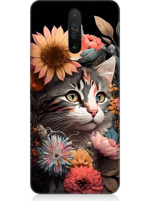 Teknomeg Xiaomi Redmi K30 Uyumlu Çiçekler ve Kül Gri Kedi Desenli Silikon Kılıf