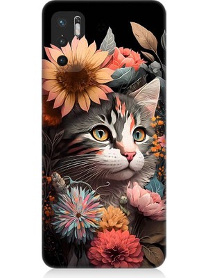 Teknomeg Xiaomi Redmi Note 10 5g Uyumlu Çiçekler ve Kül Gri Kedi Desenli Silikon Kılıf