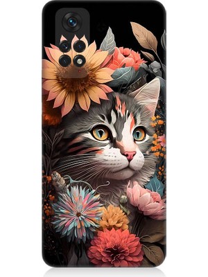 Teknomeg Xiaomi Redmi Note 11 Uyumlu Çiçekler ve Kül Gri Kedi Desenli Silikon Kılıf