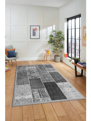 Evdeya Dijital Kaymaz Taban Yıkanabilir Patchwork Desen Yolluk Mutfak Salon Halısı, Patchwork-01-Gri,