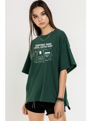 Coredra Local Coffee Shop Oversize Kadın T-Shirt  - Yeşil
