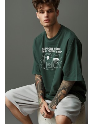 Coredra Local Coffee Shop Oversize Erkek T-Shirt - Yeşil