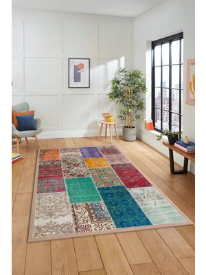 Evdeya Dijital Kaymaz Taban Yıkanabilir Patchwork Desen Yolluk Mutfak Salon Halısı, Patchwork-01-Renkli,
