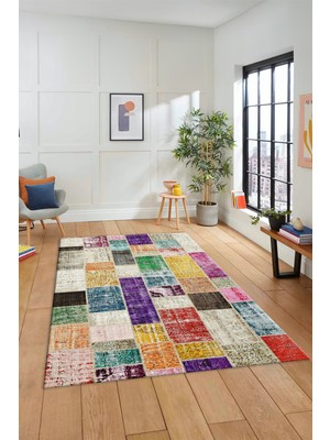 Evdeya Dijital Kaymaz Taban Yıkanabilir Patchwork Desen Yolluk Mutfak Salon Halısı, Patchwork-03-Renkli,