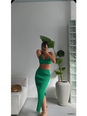 Black Fashion Crop Büstiyer Yırtmaçlı Etek Takım