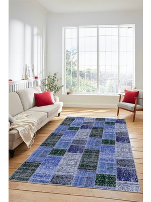 Evdeya Dijital Kaymaz Taban Yıkanabilir Patchwork Desen Yolluk Mutfak Salon Halısı, Patchwork-07-Mavi,