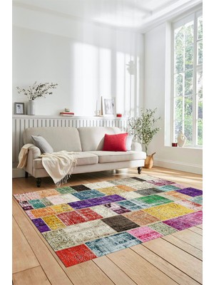 Evdeya Dijital Kaymaz Taban Yıkanabilir Patchwork Desen Yolluk Mutfak Salon Halısı, Patchwork-03-Renkli,