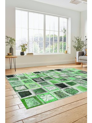 Evdeya Dijital Kaymaz Taban Yıkanabilir Patchwork Desen Yolluk Mutfak Salon Halısı, Patchwork-14-Yeşil,
