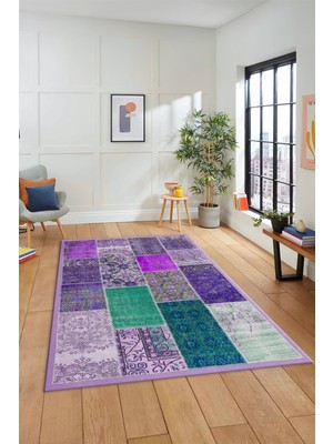 Evdeya Dijital Kaymaz Taban Yıkanabilir Patchwork Desen Yolluk Mutfak Salon Halısı, Patchwork-01-Mor,