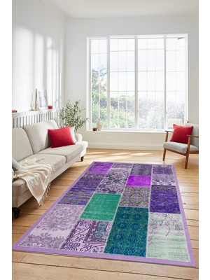 Evdeya Dijital Kaymaz Taban Yıkanabilir Patchwork Desen Yolluk Mutfak Salon Halısı, Patchwork-01-Mor,