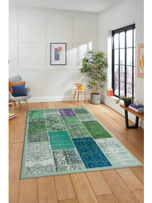 Evdeya Dijital Kaymaz Taban Yıkanabilir Patchwork Desen Yolluk Mutfak Salon Halısı, Patchwork-01-Yeşil,