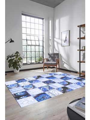 Evdeya Dijital Kaymaz Taban Yıkanabilir Patchwork Desen Yolluk Mutfak Salon Halısı, Patchwork-19-Mavi,