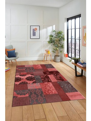 Evdeya Dijital Kaymaz Taban Yıkanabilir Patchwork Desen Yolluk Mutfak Salon Halısı, Patchwork-16-Kırmızı,