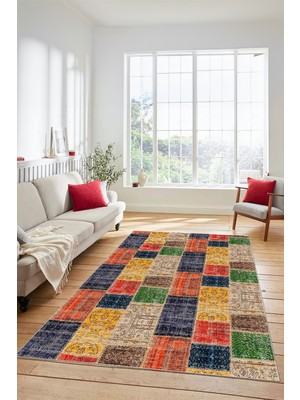 Evdeya Dijital Kaymaz Taban Yıkanabilir Patchwork Desen Yolluk Mutfak Salon Halısı, Patchwork-07-Renkli,