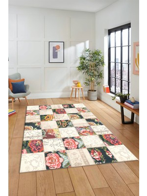 Evdeya Dijital Kaymaz Taban Yıkanabilir Patchwork Desen Yolluk Mutfak Salon Halısı, Patchwork-19-Renkli,