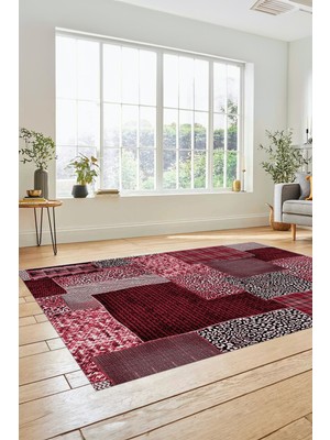 Evdeya Dijital Kaymaz Taban Yıkanabilir Patchwork Desen Yolluk Mutfak Salon Halısı, Patchwork-15-Kırmızı,