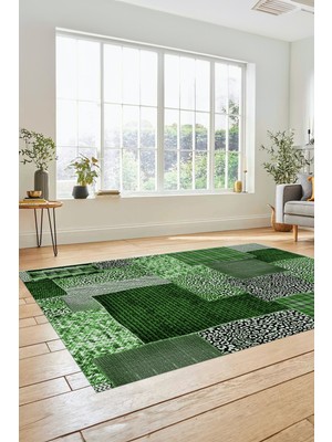 Evdeya Dijital Kaymaz Taban Yıkanabilir Patchwork Desen Yolluk Mutfak Salon Halısı, Patchwork-15-Yeşil,