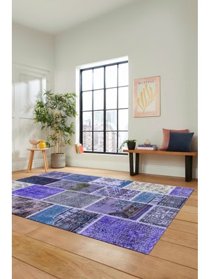 Evdeya Dijital Kaymaz Taban Yıkanabilir Patchwork Desen Yolluk Mutfak Salon Halısı, Patchwork-04-Mavi,