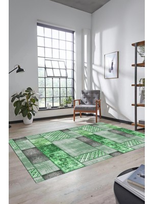 Evdeya Dijital Kaymaz Taban Yıkanabilir Patchwork Desen Yolluk Mutfak Salon Halısı, Patchwork-18-Yeşil,