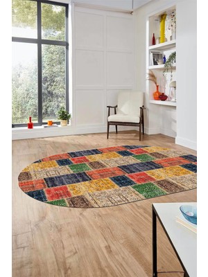 Evdeya Baskılı Kaymaz Taban Yıkanabilir Patchwork Desen Oval Yolluk Salon Halısı, O-Patchwork-07-Renkli,