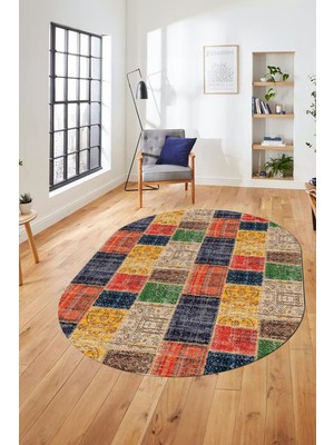 Evdeya Baskılı Kaymaz Taban Yıkanabilir Patchwork Desen Oval Yolluk Salon Halısı, O-Patchwork-07-Renkli,