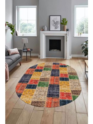 Evdeya Baskılı Kaymaz Taban Yıkanabilir Patchwork Desen Oval Yolluk Salon Halısı, O-Patchwork-07-Renkli,