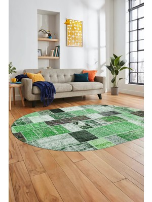 Evdeya Baskılı Kaymaz Taban Yıkanabilir Patchwork Desen Oval Yolluk Salon Halısı, O-Patchwork-03-Yeşil,