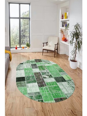 Evdeya Baskılı Kaymaz Taban Yıkanabilir Patchwork Desen Oval Yolluk Salon Halısı, O-Patchwork-03-Yeşil,