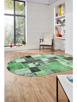 Evdeya Baskılı Kaymaz Taban Yıkanabilir Patchwork Desen Oval Yolluk Salon Halısı, O-Patchwork-03-Yeşil,