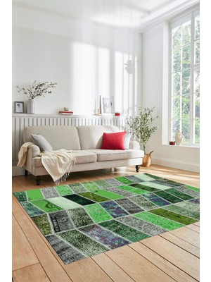 Evdeya Dijital Kaymaz Taban Yıkanabilir Patchwork Desen Yolluk Mutfak Salon Halısı, Patchwork-10-Yeşil,