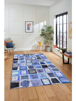 Evdeya Dijital Kaymaz Taban Yıkanabilir Patchwork Desen Yolluk Mutfak Salon Halısı, Patchwork-14-Mavi,