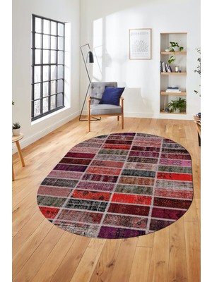 Evdeya Baskılı Kaymaz Taban Yıkanabilir Patchwork Desen Oval Yolluk Salon Halısı, O-Patchwork-09-Kırmızı,