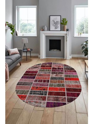 Evdeya Baskılı Kaymaz Taban Yıkanabilir Patchwork Desen Oval Yolluk Salon Halısı, O-Patchwork-09-Kırmızı,