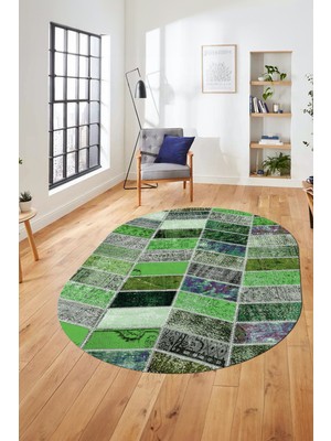 Evdeya Baskılı Kaymaz Taban Yıkanabilir Patchwork Desen Oval Yolluk Salon Halısı, O-Patchwork-10-Yeşil,