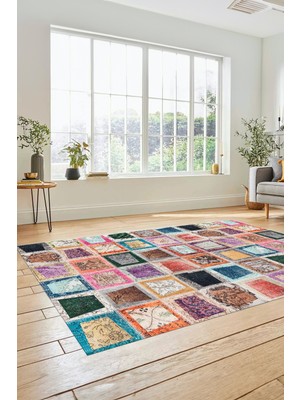 Evdeya Dijital Kaymaz Taban Yıkanabilir Patchwork Desen Yolluk Mutfak Salon Halısı, Patchwork-14-Renkli,