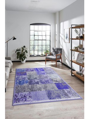 Evdeya Dijital Kaymaz Taban Yıkanabilir Patchwork Desen Yolluk Mutfak Salon Halısı, Patchwork-17-Mavi,