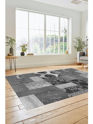 Evdeya Dijital Kaymaz Taban Yıkanabilir Patchwork Desen Yolluk Mutfak Salon Halısı, Patchwork-16-Gri,