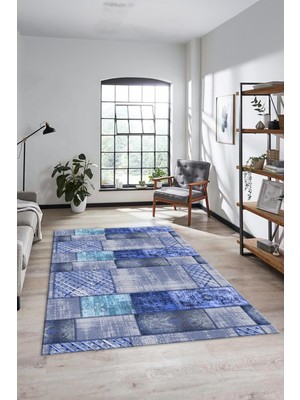 Evdeya Dijital Kaymaz Taban Yıkanabilir Patchwork Desen Yolluk Mutfak Salon Halısı, Patchwork-18-Mavi,