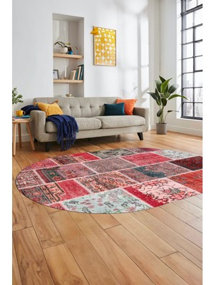 Evdeya Baskılı Kaymaz Taban Yıkanabilir Patchwork Desen Oval Yolluk Salon Halısı, O-Patchwork-04-Kırmızı,