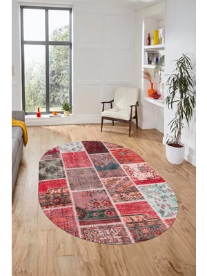 Evdeya Baskılı Kaymaz Taban Yıkanabilir Patchwork Desen Oval Yolluk Salon Halısı, O-Patchwork-04-Kırmızı,