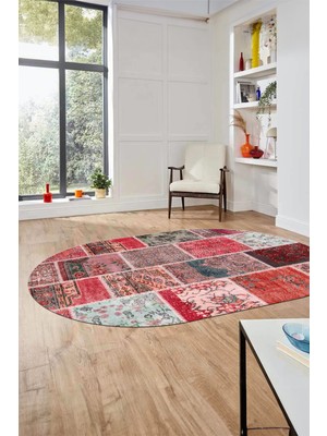 Evdeya Baskılı Kaymaz Taban Yıkanabilir Patchwork Desen Oval Yolluk Salon Halısı, O-Patchwork-04-Kırmızı,