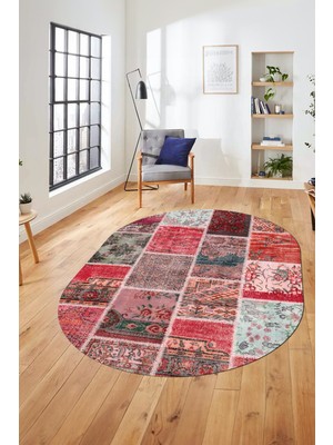 Evdeya Baskılı Kaymaz Taban Yıkanabilir Patchwork Desen Oval Yolluk Salon Halısı, O-Patchwork-04-Kırmızı,