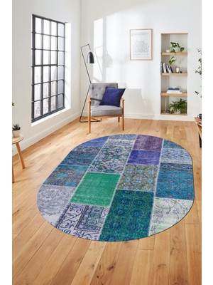 Evdeya Baskılı Kaymaz Taban Yıkanabilir Patchwork Desen Oval Yolluk Salon Halısı, O-Patchwork-01-Mavi,