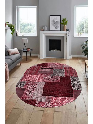 Evdeya Baskılı Kaymaz Taban Yıkanabilir Patchwork Desen Oval Yolluk Salon Halısı, O-Patchwork-15-Kırmızı,