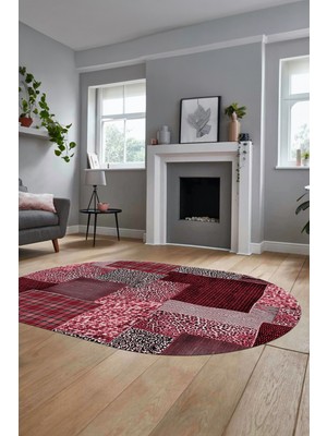 Evdeya Baskılı Kaymaz Taban Yıkanabilir Patchwork Desen Oval Yolluk Salon Halısı, O-Patchwork-15-Kırmızı,